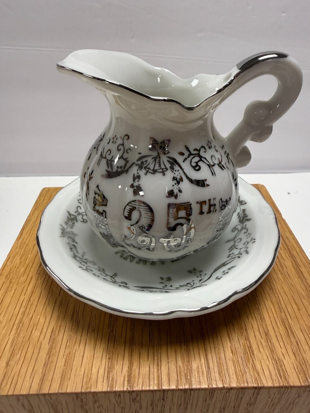 Lefton 25th Silver Anniversary Creamer Plate Set Japan Porcelain 909-7